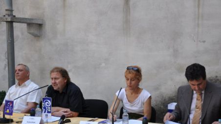 Program so predstavili direktor Festivala Ljubljana Darko Brlek in predstavniki sodelujočih institucij: Damjan Damjanovič (SF), Barbara Hieng Samobor (MGL) in Mitja Bervar (SNG Opera in balet ). (foto: Odzven)