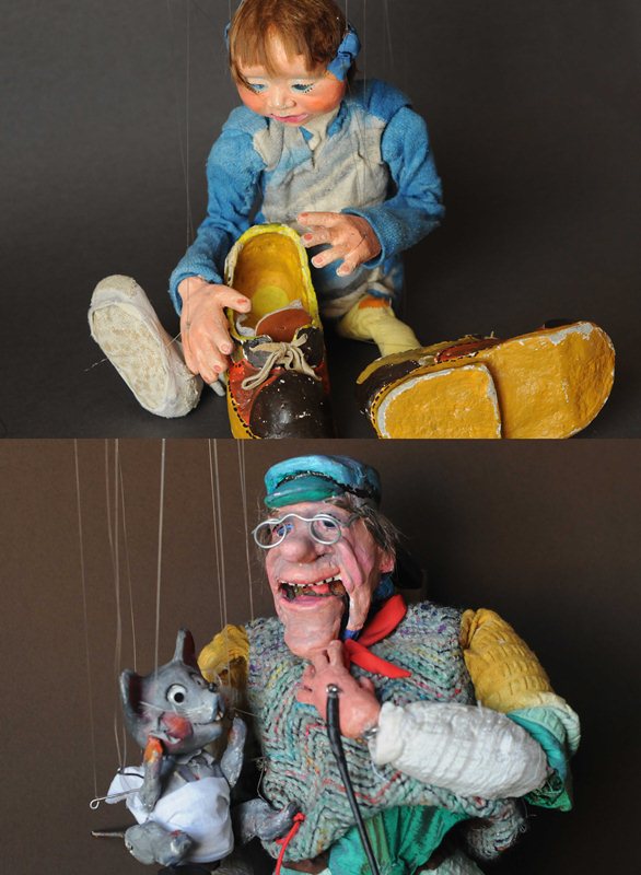Miška in Deklica, marionetni lutki iz lutkovnih predstav O deklici, ki je prehitro rasla in O miški, ki si je trebušček raztrgala. (fotoarhiv Kinetikon KUD)