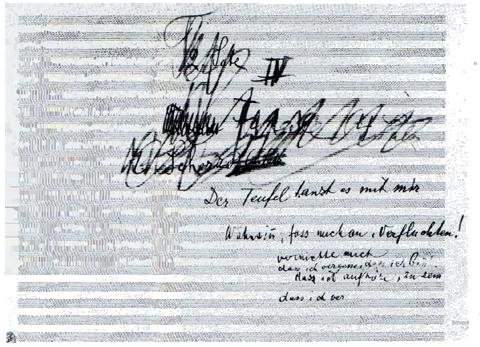 Rokopisna stran iz skic za skladateljevo 10. simfonijo. Naslov »Drugi stavek, scherzo« je prečrtan in nadomeščen s številko »IV«, spodaj je še avtorjev pripis »Hudič pleše z menoj. / Norost, pograbi me, prekletega! / Uniči me, da bom pozabil, da sem! / Da bom prenehal biti…«.