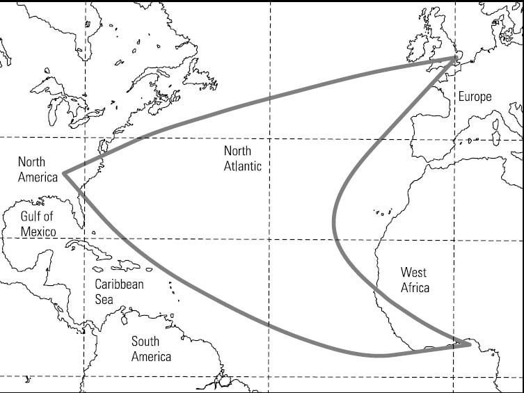 Območje črnega Atlantika, kakor ga je definiral Paul Gilroy.